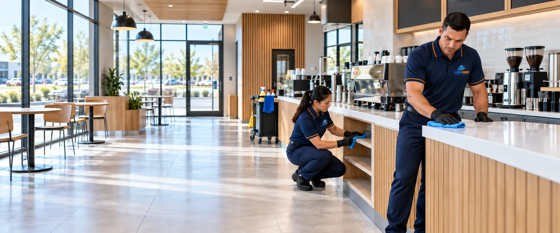 Clean Pros colleagues working together on the finishing details of a café